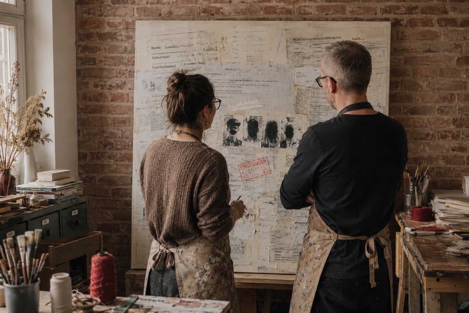 Portrait des Künstlerduos Keschanz im Atelier, umgeben von Leinwänden und Papierstapeln
